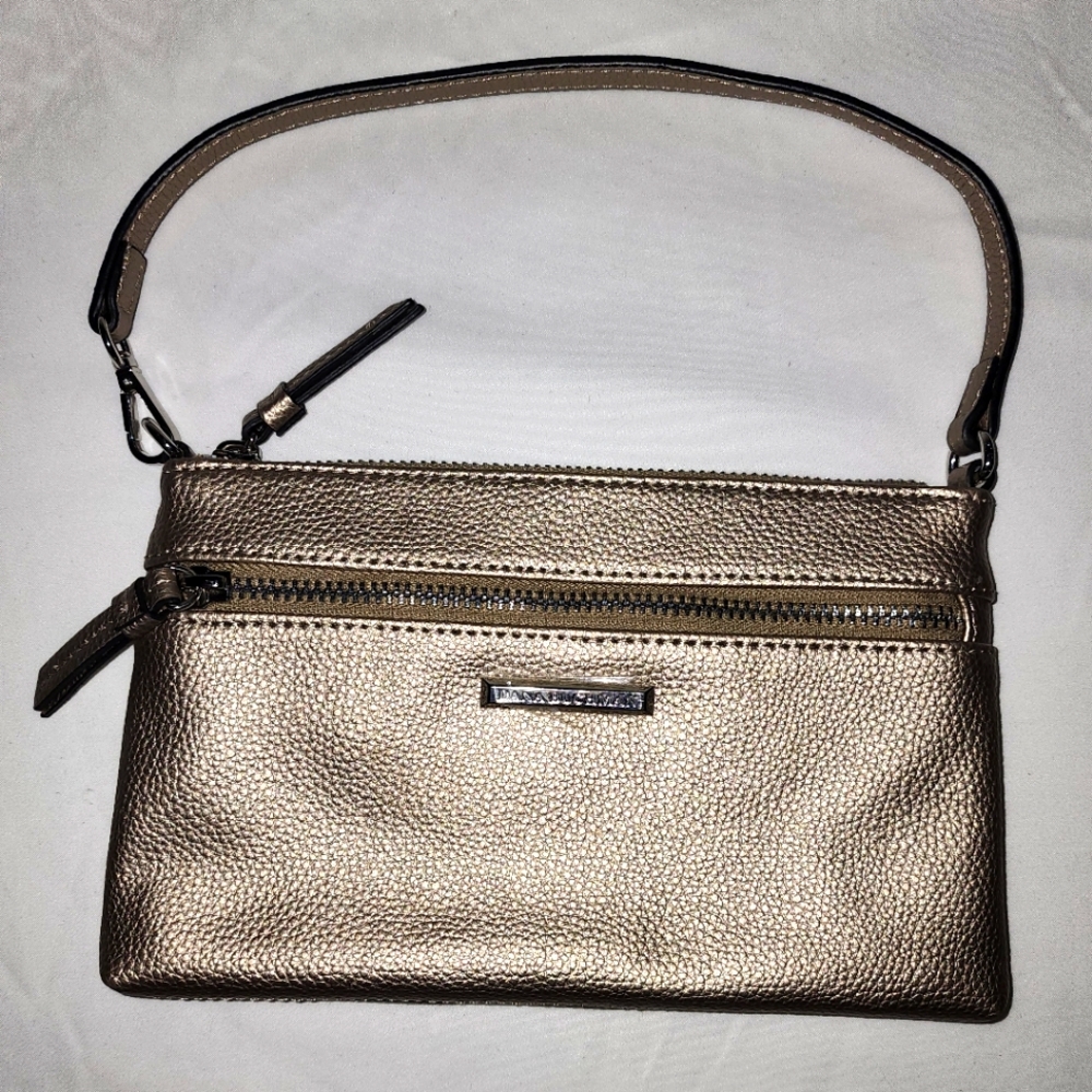 Women's Dana Buchman clutch wristlet in metallic gold.
